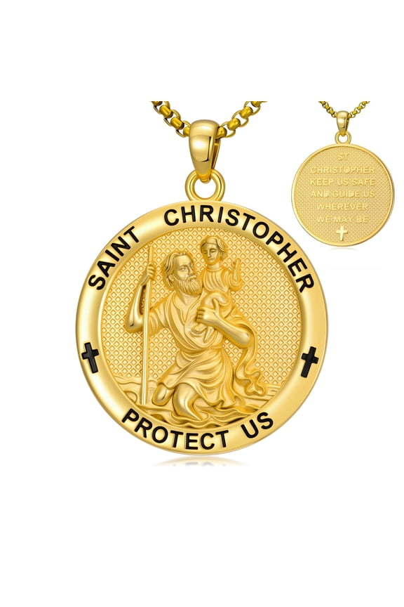 St. Christopher Necklace for Men Women, 14K Gold Plated Patron Saint Medal, Catholic Gift with 22"+2" Chain