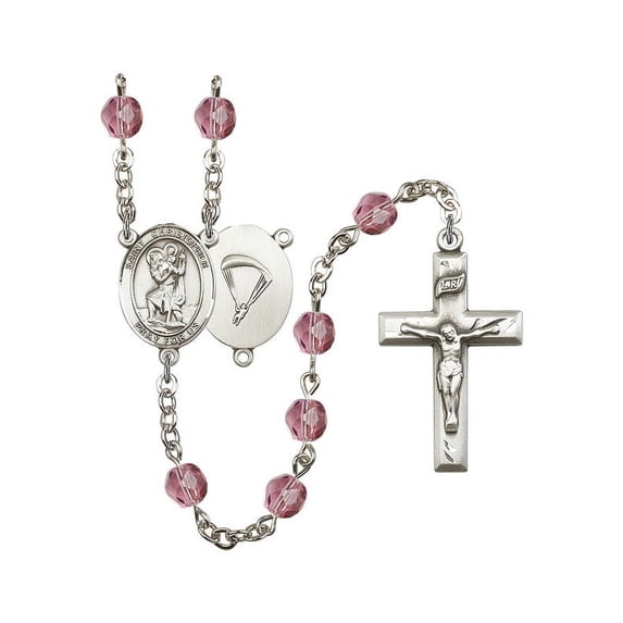 St. Christopher / Paratrooper Silver-Plated Rosary 6mm February Purple Fire Polished Beads Crucifix Size 1 3/8 x 3/4 medal