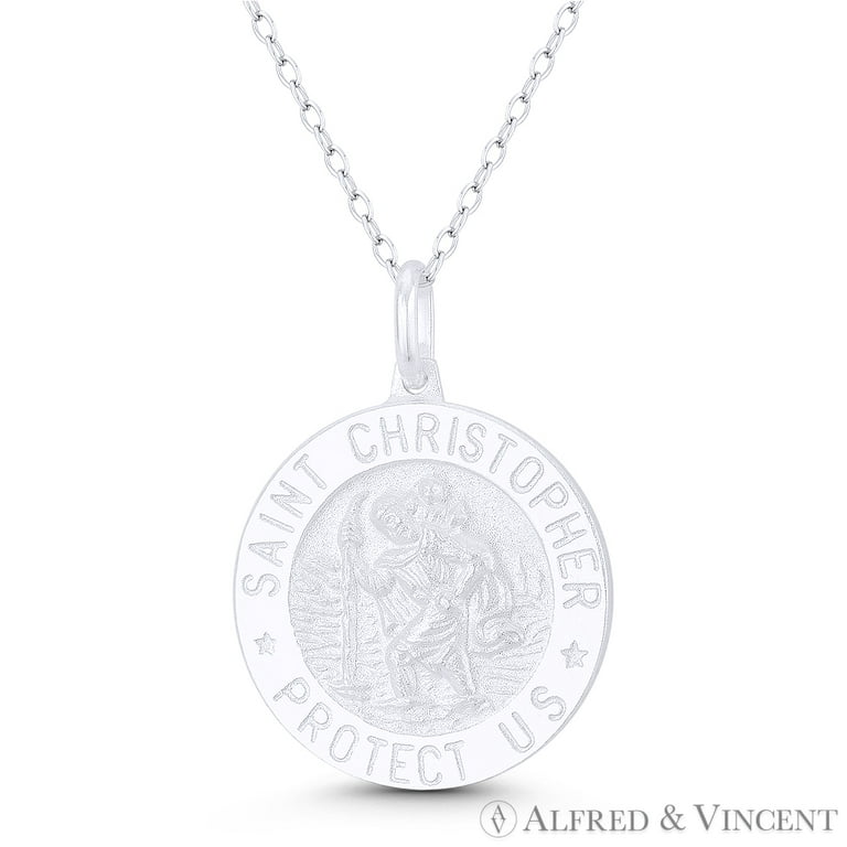 St. Christopher Patron Saint of Travelers 21mm 0.8in Medallion Pendant Chain Necklace in .925 Sterling Silver