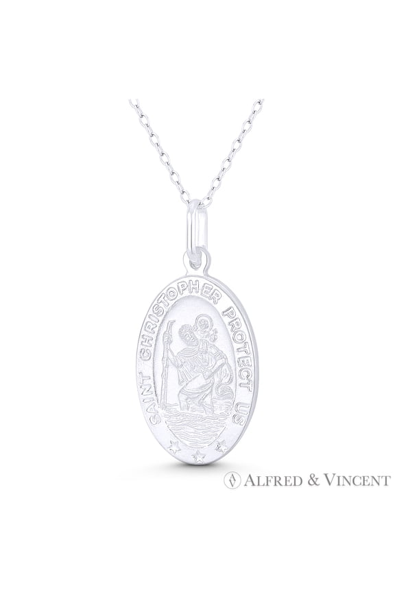 St. Christopher, Patron Saint of Travelers 31x15mm (1.2inx0.6in) Medallion Pendant & Chain Necklace in .925 Sterling Silver