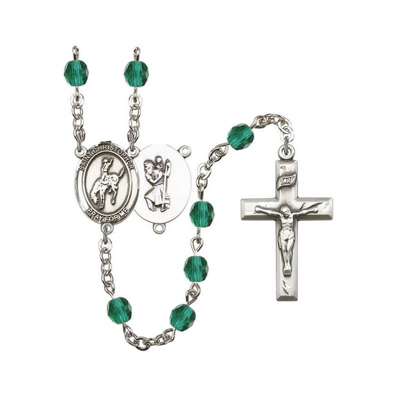 St. Christopher / Rodeo Silver-Plated Rosary 6mm December Blue Fire Polished Beads Crucifix Size 1 3/8 x 3/4 medal charm