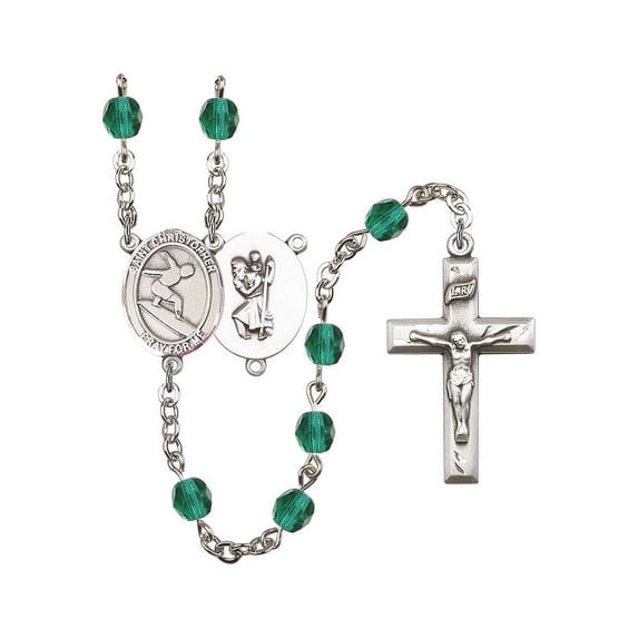 St. Christopher/Surfing Silver-Plated Rosary 6mm December Blue Fire Polished Beads Crucifix Size 1 3/8 x 3/4 medal charm