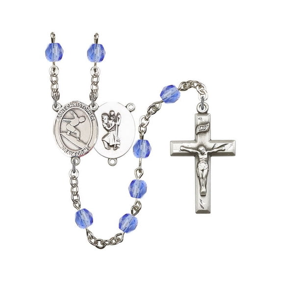 St. Christopher/Surfing Silver-Plated Rosary 6mm September Blue Fire Polished Beads Crucifix Size 1 3/8 x 3/4 medal charm