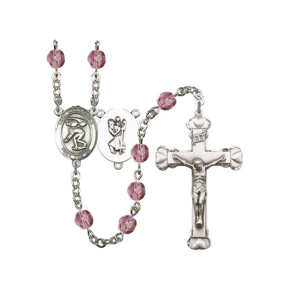 St. Christopher/Swimming Silver-Plated Rosary 6mm February Purple Fire Polished Beads Crucifix Size 1 5/8 x 1 medal charm