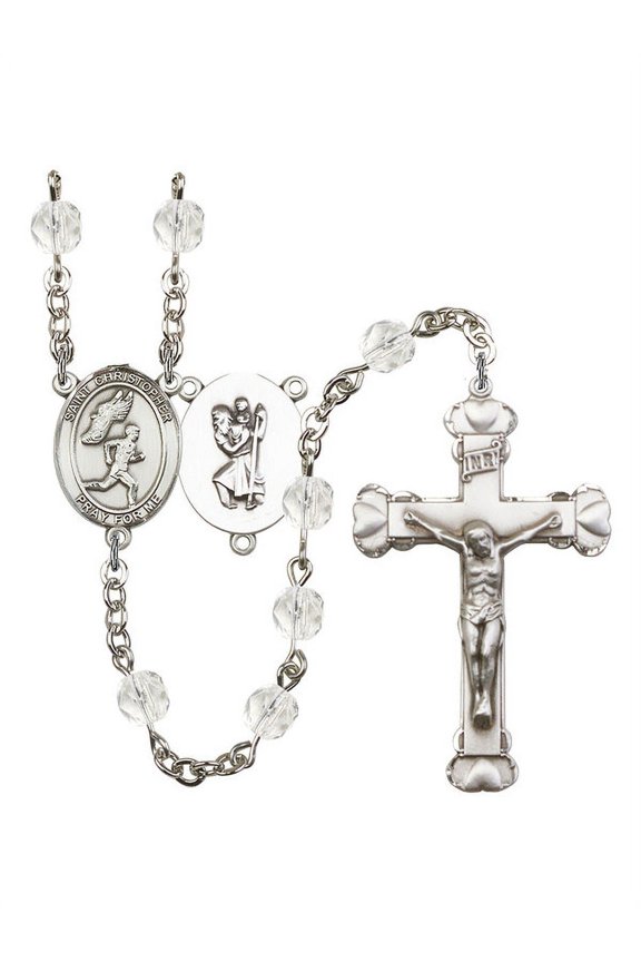 St. Christopher/Track&Field Silver-Plated Rosary 6mm April Crystal Fire Polished Beads Crucifix Size 1 5/8 x 1 medal charm
