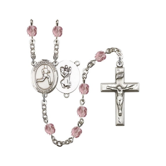 St. Christopher/Track & Field Silver-Plated Rosary 6mm June Light Purple Fire Polished Beads Crucifix 1 3/8 x 3/4 medal