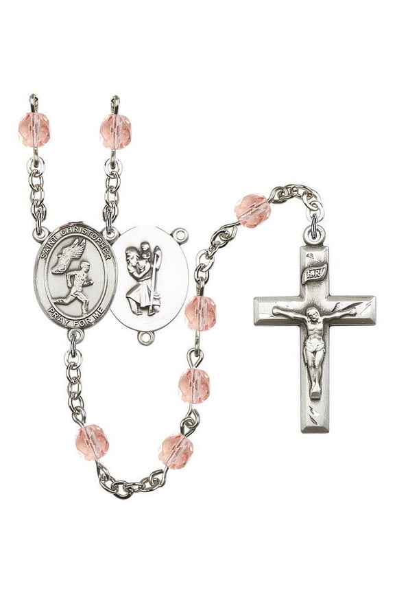 St. Christopher/Track&Field Silver-Plated Rosary 6mm October Pink Fire Polished Beads Crucifix Size 1 3/8 x 3/4 medal charm