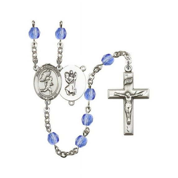 St. Christopher/Track&Field Silver-Plated Rosary 6mm September Blue Fire Polished Beads Crucifix Size 1 3/8 x 3/4 medal charm
