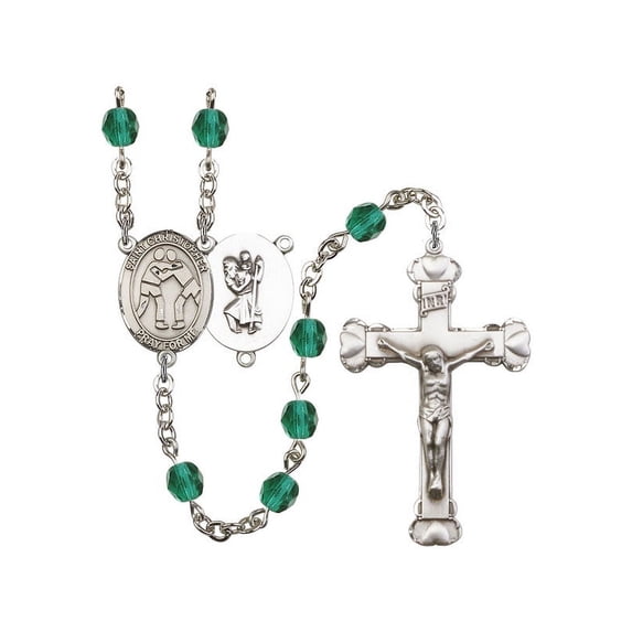 St. Christopher/Wrestling Silver-Plated Rosary 6mm December Blue Fire Polished Beads Crucifix Size 1 5/8 x 1 medal charm