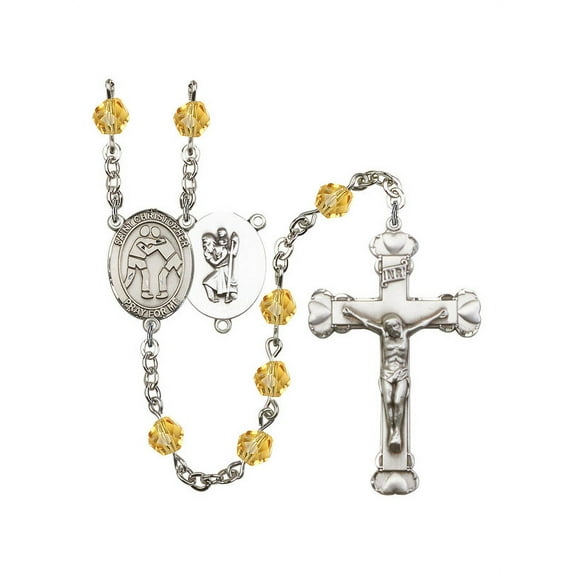 St. Christopher/Wrestling Silver-Plated Rosary 6mm November Yellow Fire Polished Beads Crucifix Size 1 5/8 x 1 medal charm