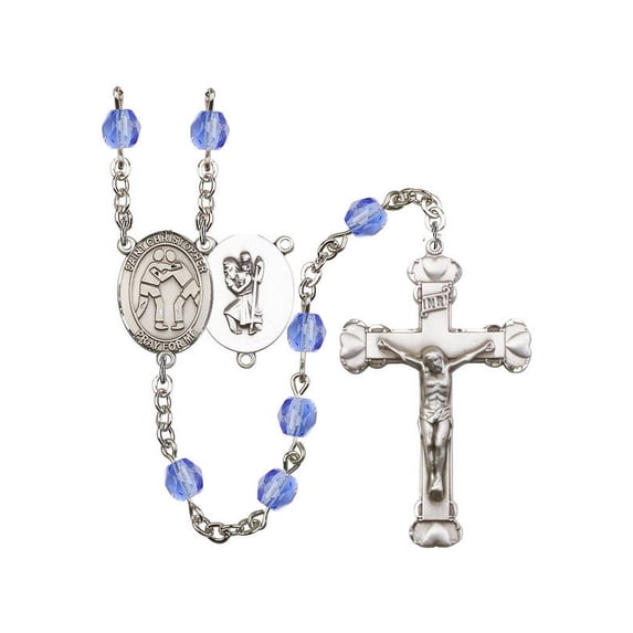 St. Christopher/Wrestling Silver-Plated Rosary 6mm September Blue Fire Polished Beads Crucifix Size 1 5/8 x 1 medal charm