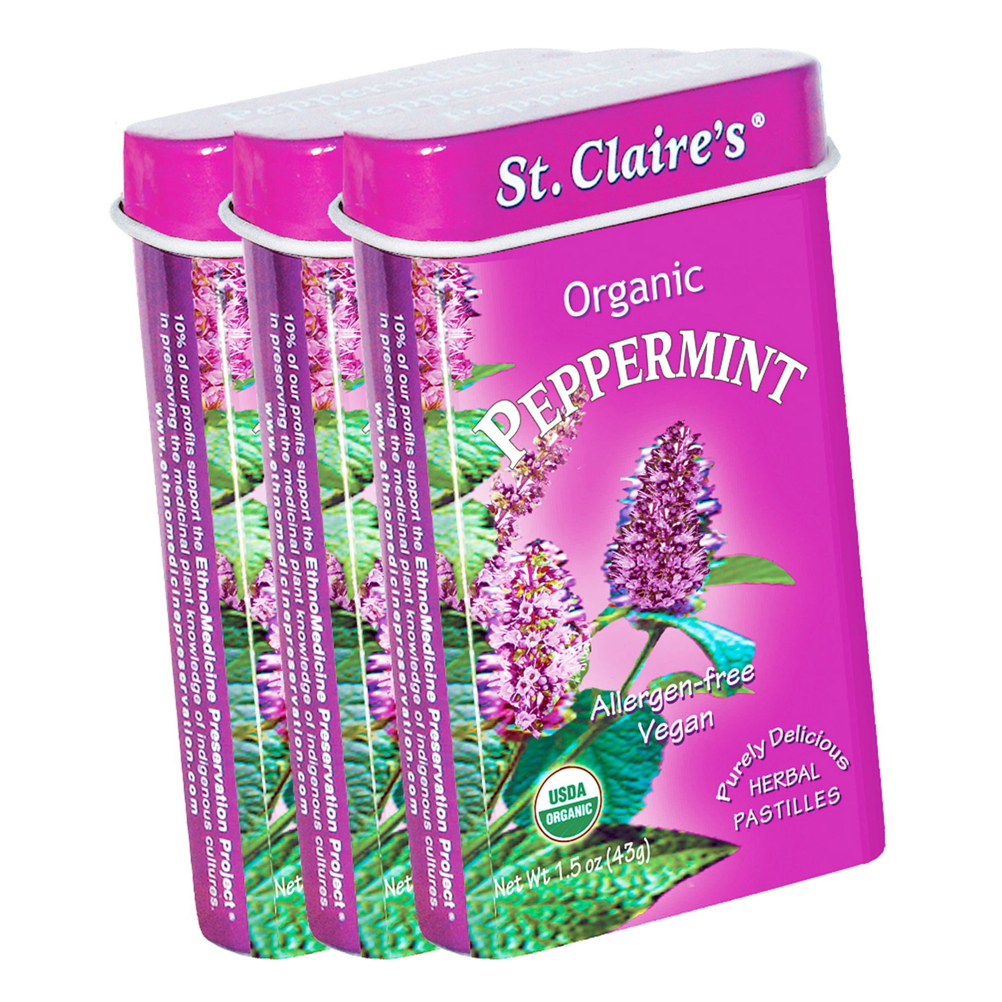 St. Claire's Organic Peppermint Mints, 1.5oz Tin (Pack of 3), Gluten ...