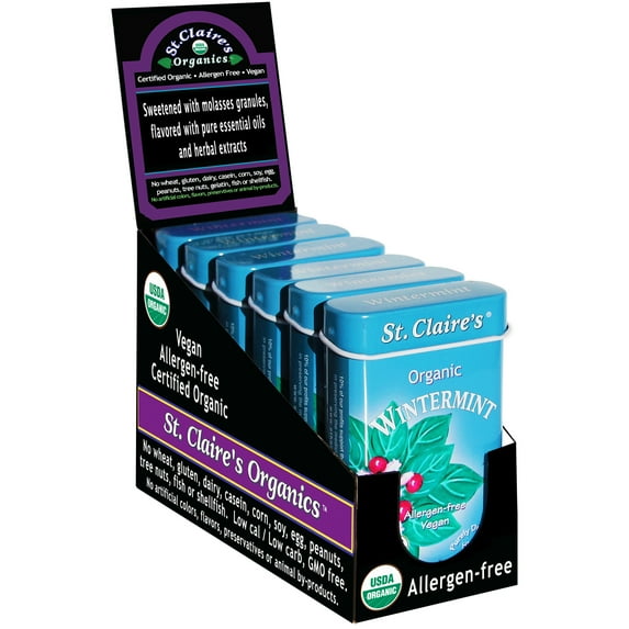St. Claire's Organic Breath Mints, (Wintermint, 1.5 Ounce Tin, Pack of 6) | Gluten-Free, Vegan, GMO-Free, Plant-based, Allergen-Free | Made in the USA in a Dedicated Allergen-Free Facility