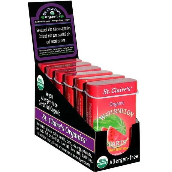 St. Claire's Organic Fruit Tart Candies (Watermelon, 1.5 Ounce Tin, Pack of 6) | Gluten-Free, Vegan, GMO-Free, Plant-based, Allergen-Free | Made in the USA in a Dedicated Allergen-Free Facility