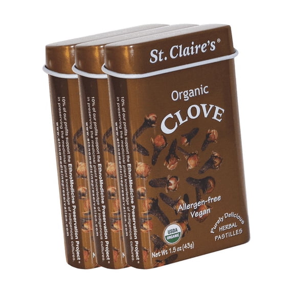 St. Claire's Organic Herbal Pastilles, (Clove, 1.5 Ounce Tin, Bundle of 3) | Gluten-Free, Vegan, GMO-Free, Plant-based, Allergen-Free | Made in the USA in a Dedicated Allergen-Free Facility