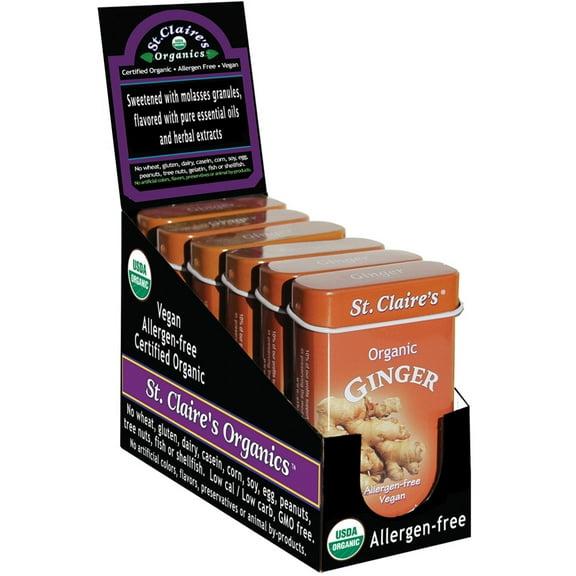 St. Claire's Organic Herbal Pastilles, (Ginger, 1.5 Ounce Tin, Pack of 6) | Gluten-Free, Vegan, GMO-Free, Plant-based, Allergen-Free | Made in the USA in a Dedicated Allergen-Free Facility