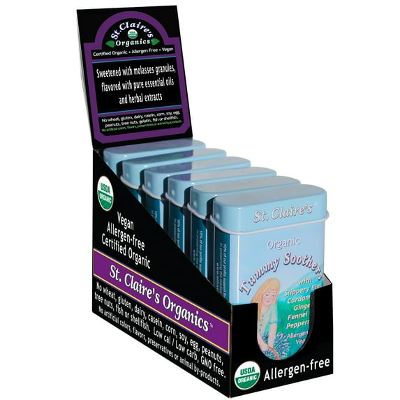 St. Claire's Organic Tummy Soothers, (1.5 Ounce Tin, Pack of 6) | Gluten-Free, Vegan, GMO-Free, Plant-based, Allergen-Free | Made in the USA in a Dedicated Allergen-Free Facility