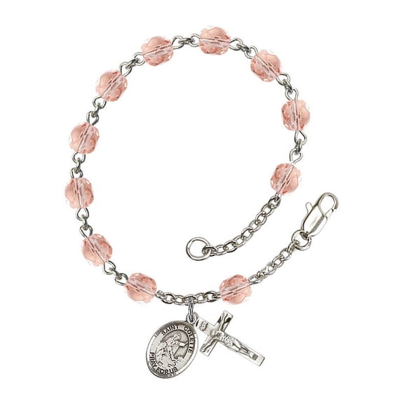 St. Colette Silver Plate Rosary Bracelet 6mm October Pink Fire Polished Beads Crucifix Size 5/8 x 1/4 medal charm
