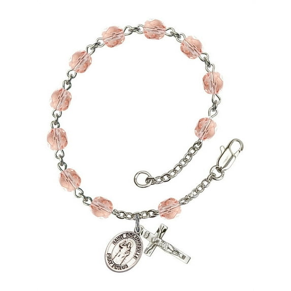 St. Columbkille Silver Plate Rosary Bracelet 6mm October Pink Fire Polished Beads Crucifix Size 5/8 x 1/4 medal charm