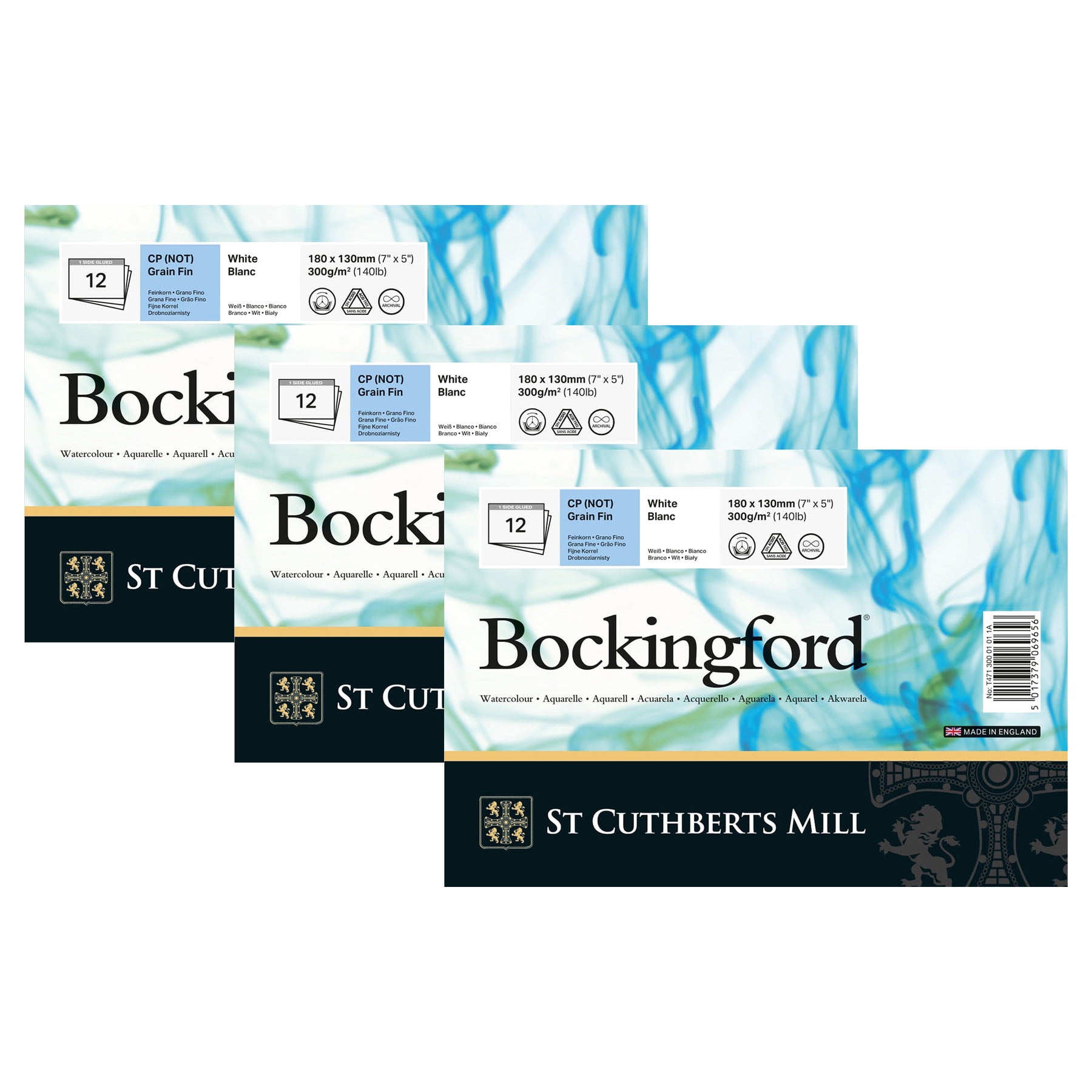 St Cuthberts Bockingford Watercolor Pad, Cold Pressed, Glue Binding, 140lb/300gsm, 12 Sheet, 5x70 inch, Pack of 3