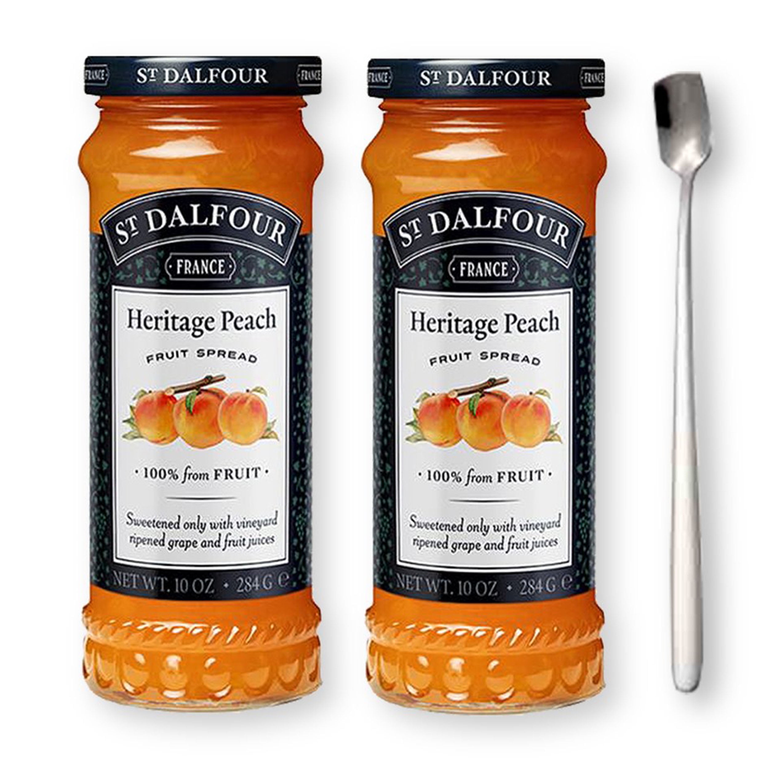 St. Dalfour Heritage Peach Fruit Spread Preserve 2 X 10 Oz. (284 G) with Stainless Steel Spreader Spoon (3-Pc Set)