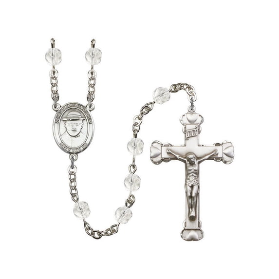 St. Damien of Molokai Silver-Plated Rosary 6mm April Crystal Fire Polished Beads Crucifix Size 1 5/8 x 1 medal charm