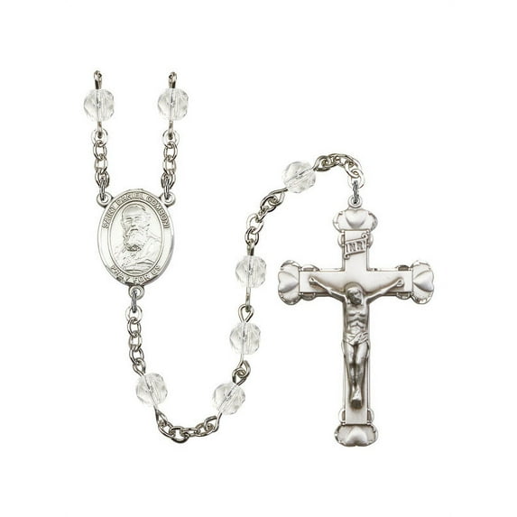 St. Daniel Comboni Silver-Plated Rosary 6mm April Crystal Fire Polished Beads Crucifix Size 1 5/8 x 1 medal charm