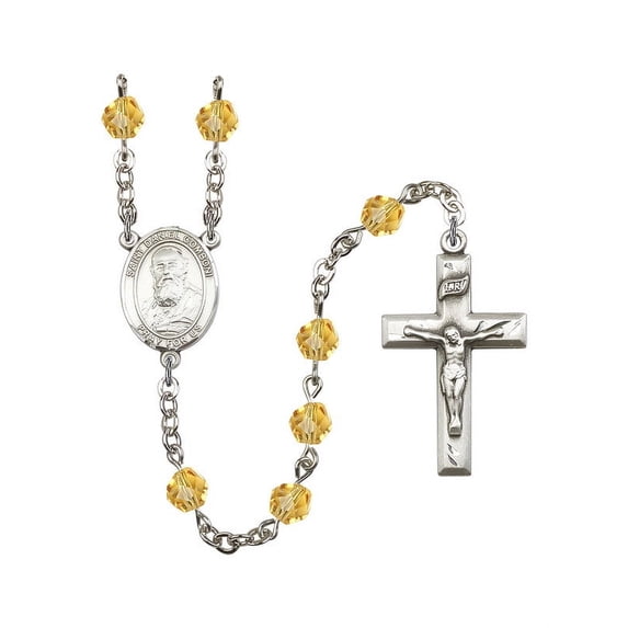 St. Daniel Comboni Silver-Plated Rosary 6mm November Yellow Fire Polished Beads Crucifix Size 1 3/8 x 3/4 medal charm