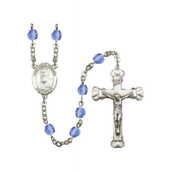 St. Daniel Comboni Silver-Plated Rosary 6mm September Blue Fire Polished Beads Crucifix Size 1 5/8 x 1 medal charm