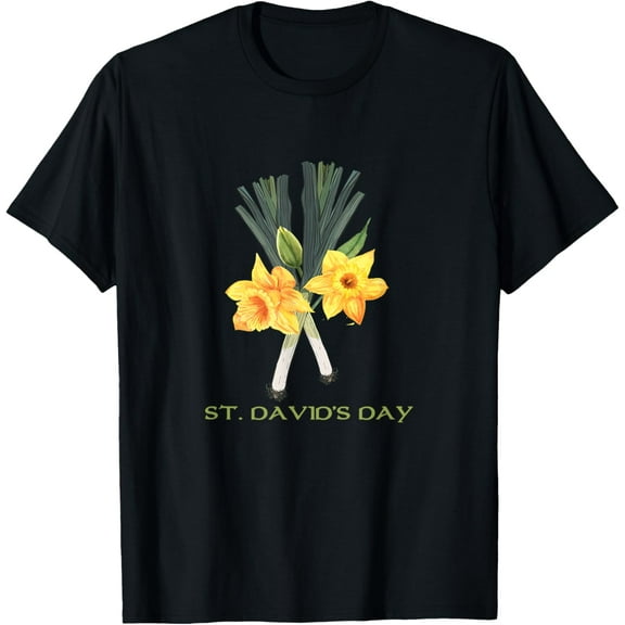 St. David's Day Daffodils and Leeks Welsh Vibrant Look T-ShirtMen's and women's gift, black and white T-shirt, size: Extra large S-4XL