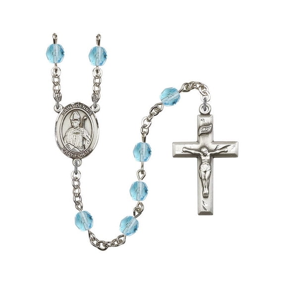 St. Dennis Silver-Plated Rosary 6mm March Light Blue Fire Polished Beads Crucifix Size 1 3/8 x 3/4 medal charm