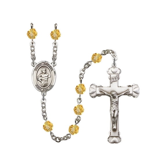 St. Dismas Silver-Plated Rosary 6mm November Yellow Fire Polished Beads Crucifix Size 1 5/8 x 1 medal charm