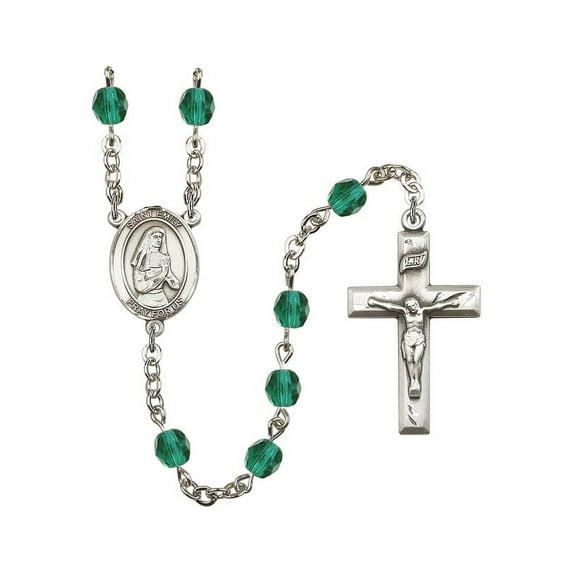 St. Emily de Vialar Silver-Plated Rosary 6mm December Blue Fire Polished Beads Crucifix Size 1 3/8 x 3/4 medal charm