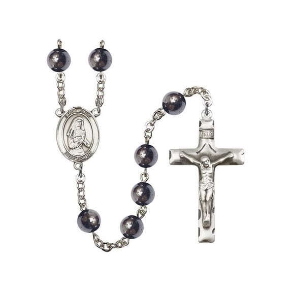 St. Emily de Vialar Silver-Plated Rosary 8mm Hematite Beads Crucifix Size 1 3/4 x 1 medal charm