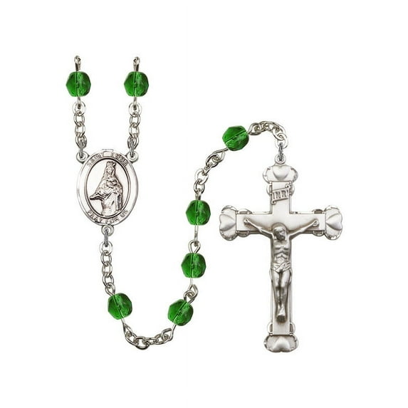 St. Emma Uffing Silver-Plated Rosary 6mm May Green Fire Polished Beads Crucifix Size 1 5/8 x 1 medal charm