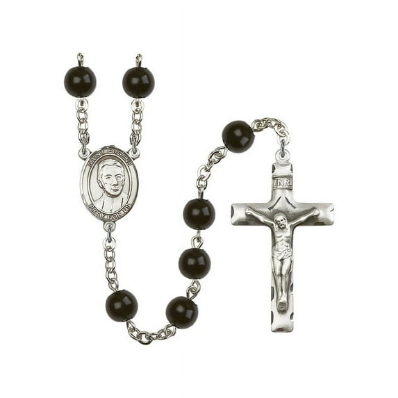 St. Eugene de Mazenod Silver-Plated Rosary 7mm Black Onyx Beads Crucifix Size 1 3/4 x 1 medal charm