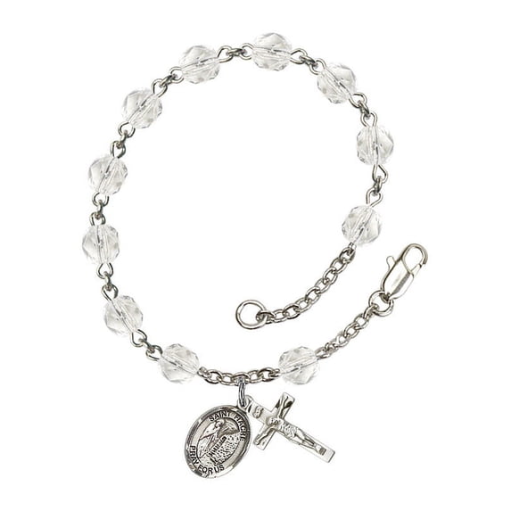 St. Fiacre Silver Plate Rosary Bracelet 6mm April Crystal Fire Polished Beads Crucifix Size 5/8 x 1/4 medal charm