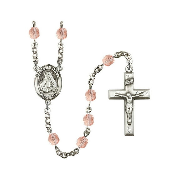 St. Frances Cabrini Silver-Plated Rosary 6mm October Pink Fire Polished Beads Crucifix Size 1 3/8 x 3/4 medal charm