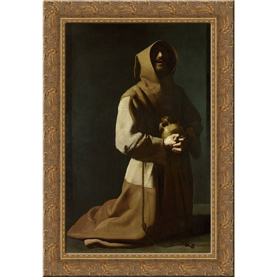 St. Francis Kneeling 24x18 Gold Ornate Wood Framed Canvas Art by Francisco de Zurbaran