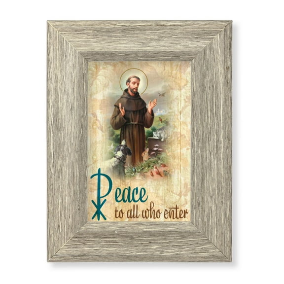 St. Francis Peace Blessing Picture Framed Wall Art Decor Small, Curved Gray Weathered Oak Finish Frame