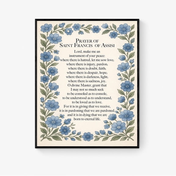 St Francis Peace Prayer Blue Floral Print, Unframed Paper Poster 8x10in