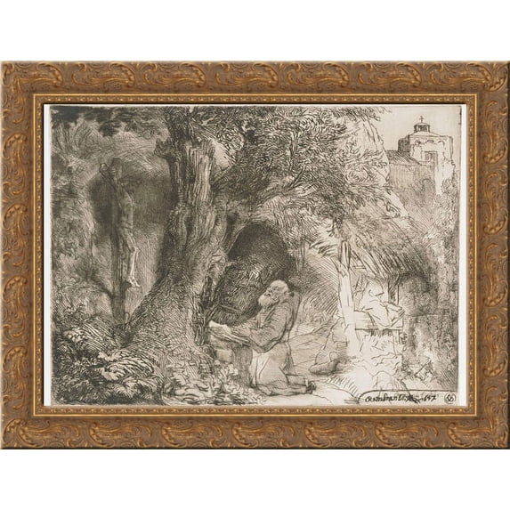 St. Francis beneath a tree praying 24x20 Gold Ornate Wood Framed Canvas Art by Rembrandt