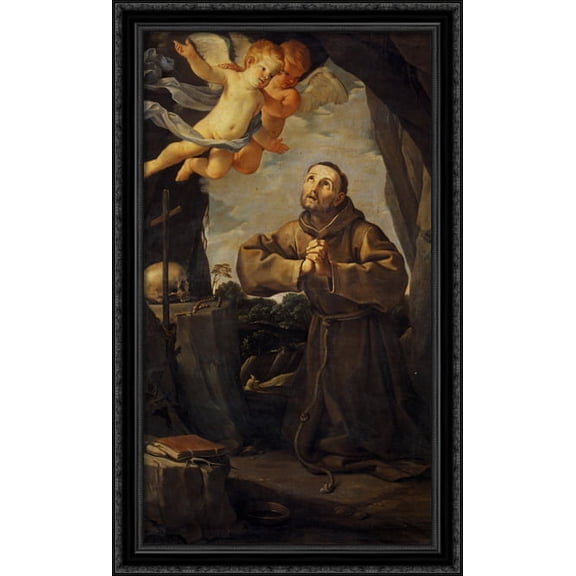 St Francis in prayer with Two Angels 24x40 Large Black Ornate Wood Framed Canvas Art by Guido Reni