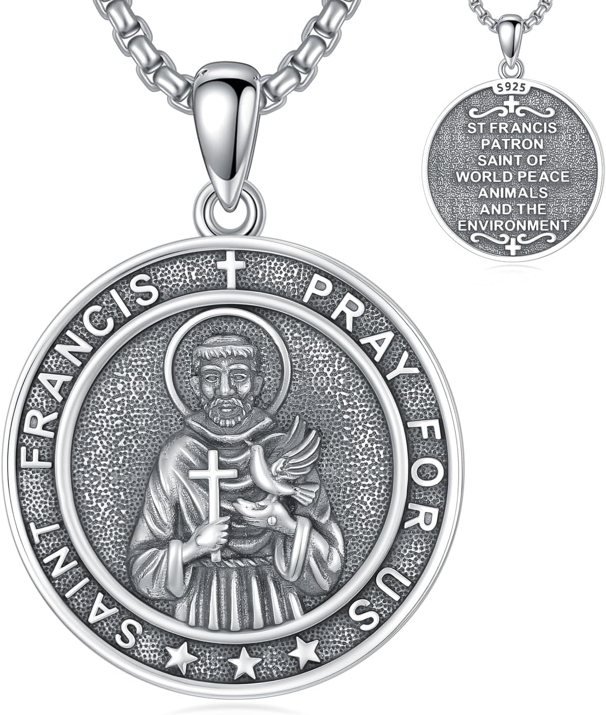 St Francis of Assisi Medal for Men 925 Sterling Silver Round Saint ...
