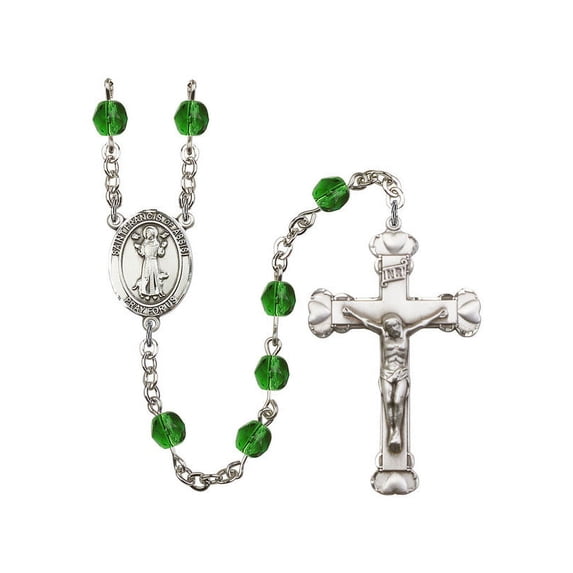 St. Francis of Assisi Silver-Plated Rosary 6mm May Green Fire Polished Beads Crucifix Size 1 5/8 x 1 medal charm