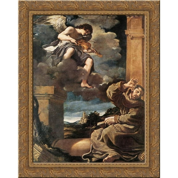 St Francis with an Angel Playing Violin 24x20 Gold Ornate Wood Framed Canvas Art by Guercino