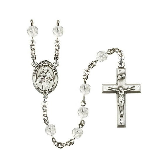 St. Gabriel Possenti Silver-Plated Rosary 6mm April Crystal Fire Polished Beads Crucifix Size 1 3/8 x 3/4 medal charm