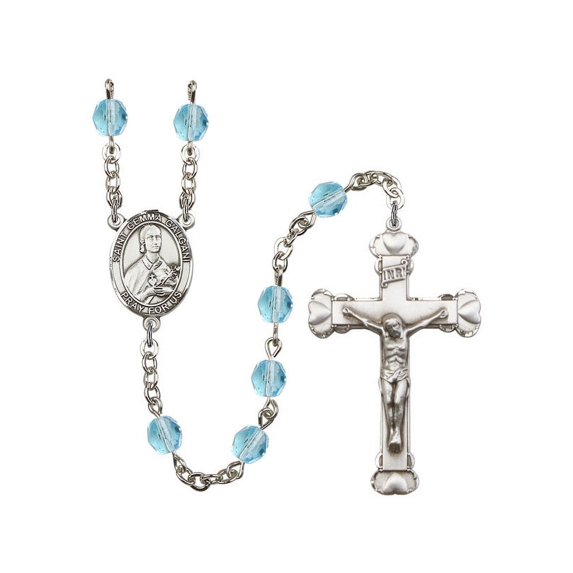 St. Gemma Galgani Silver-Plated Rosary 6mm March Light Blue Fire Polished Beads Crucifix Size 1 5/8 x 1 medal charm