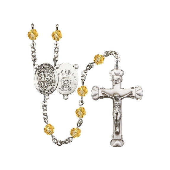 St. George / Air Force Silver-Plated Rosary 6mm November Yellow Fire Polished Beads Crucifix Size 1 5/8 x 1 medal charm