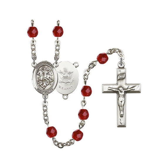 St. George / Army Silver-Plated Rosary 6mm July Red Fire Polished Beads Crucifix Size 1 3/8 x 3/4 medal charm